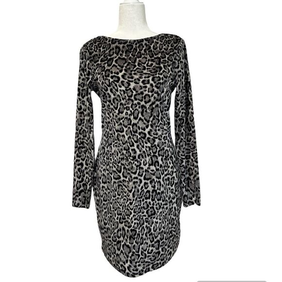 MICHAEL MICHAEL KORS Gray Leopard Print Long Sleeve Boat Neck Mini Dress - Picture 1 of 9